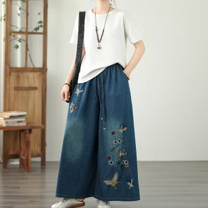 Vintage Embroidery High Waist Thin Denim Ankle-Length Pants