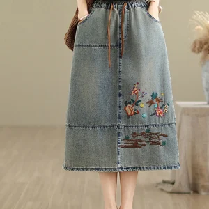 Vintage Flowers Embroidered Denim Elastic Waist Casual Retro Loose Midi Jeans Skirt