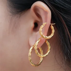 Vintage Gold Plated Stainless Steel Buckle Stackable Circle Twisted Hoop Earrings Set