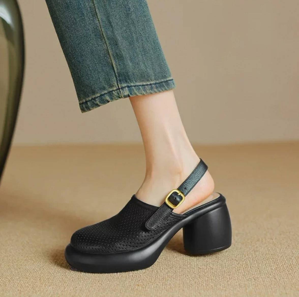 Vintage Hollow Chunky Platform Soft Thick Sole Buckle Strap High Heels Sandals - Image 16