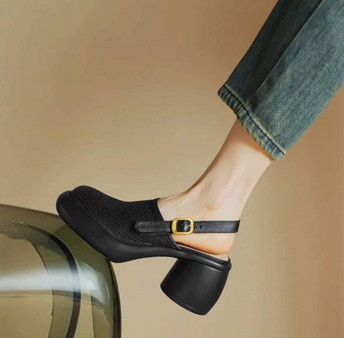 Vintage Hollow Chunky Platform Soft Thick Sole Buckle Strap High Heels Sandals - Image 12