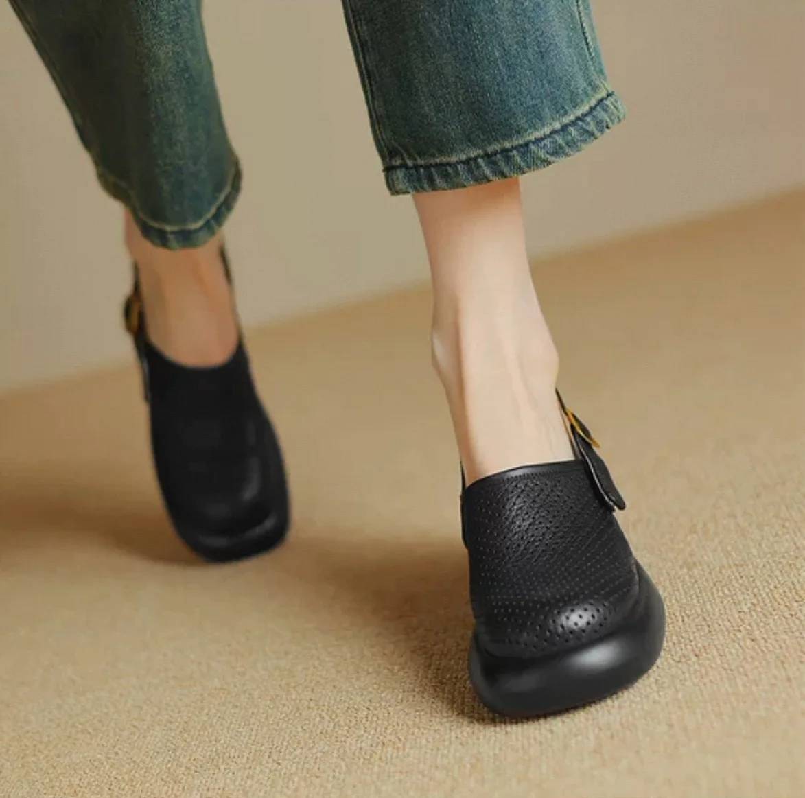 Vintage Hollow Chunky Platform Soft Thick Sole Buckle Strap High Heels Sandals - Image 11