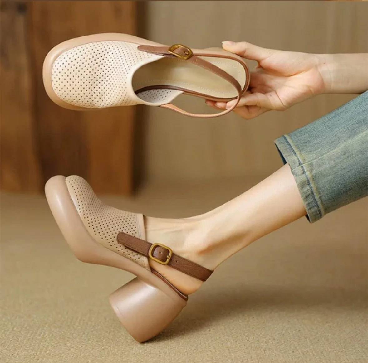 Vintage Hollow Chunky Platform Soft Thick Sole Buckle Strap High Heels Sandals - Image 17