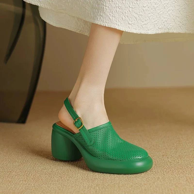 Vintage Hollow Chunky Platform Soft Thick Sole Buckle Strap High Heels Sandals - Image 2