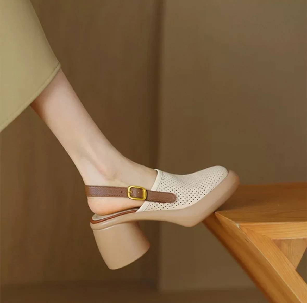 Vintage Hollow Chunky Platform Soft Thick Sole Buckle Strap High Heels Sandals - Image 7