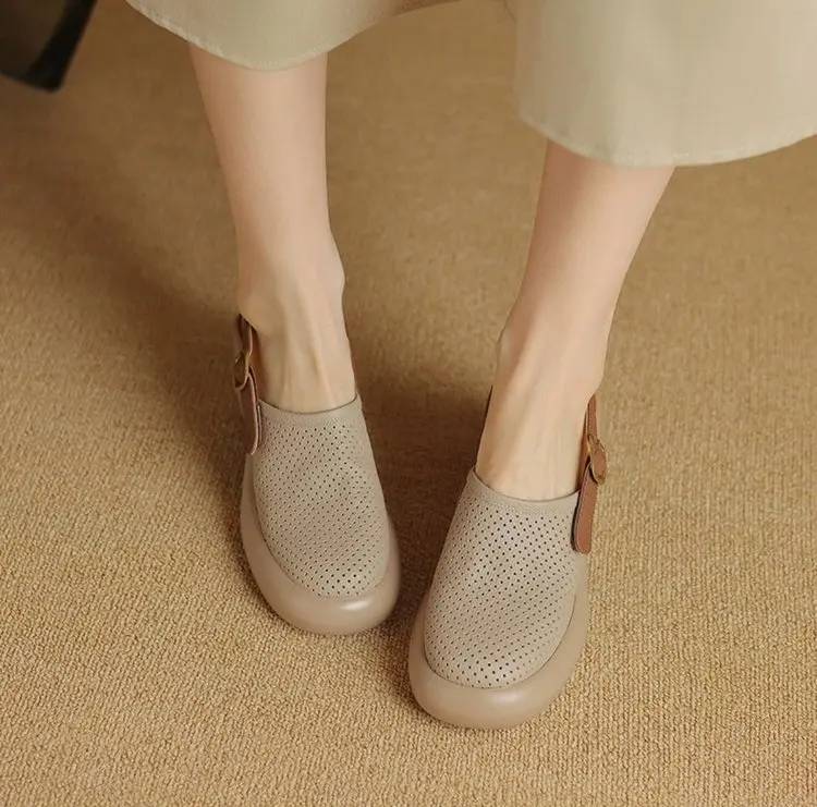 Vintage Hollow Chunky Platform Soft Thick Sole Buckle Strap High Heels Sandals - Image 5