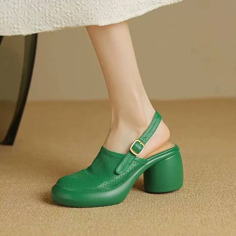 Vintage Hollow Chunky Platform Soft Thick Sole Buckle Strap High Heels Sandals - Image 3