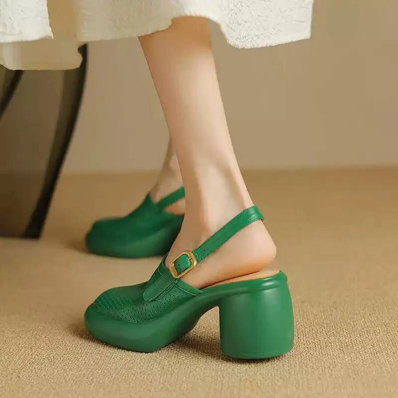 Vintage Hollow Chunky Platform Soft Thick Sole Buckle Strap High Heels Sandals - Image 4
