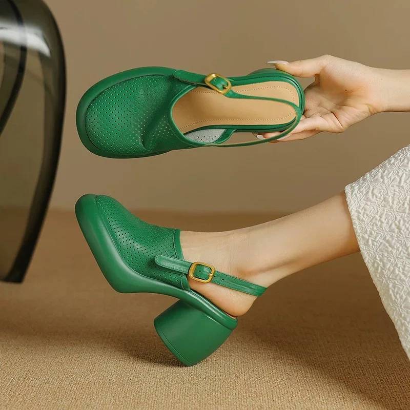 Vintage Hollow Chunky Platform Soft Thick Sole Buckle Strap High Heels Sandals