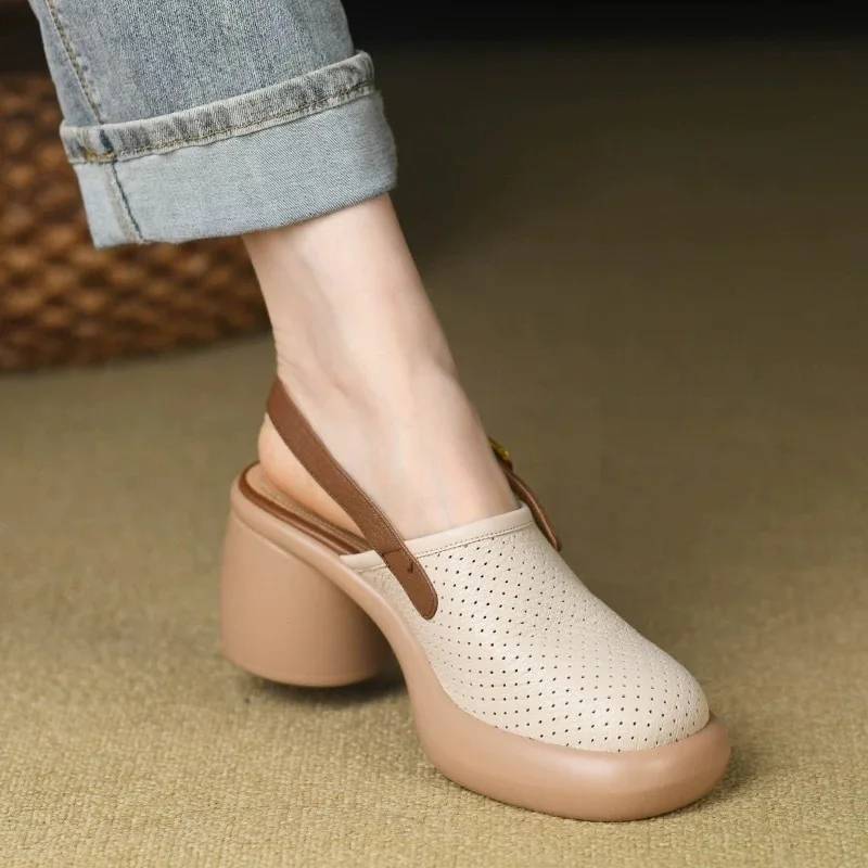 Vintage Hollow Chunky Platform Soft Thick Sole Buckle Strap High Heels Sandals - Image 8
