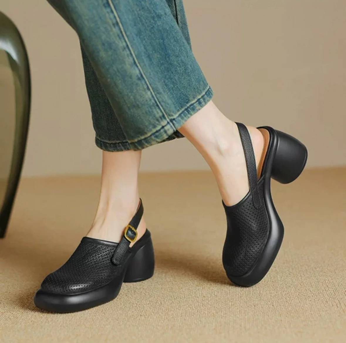 Vintage Hollow Chunky Platform Soft Thick Sole Buckle Strap High Heels Sandals - Image 15