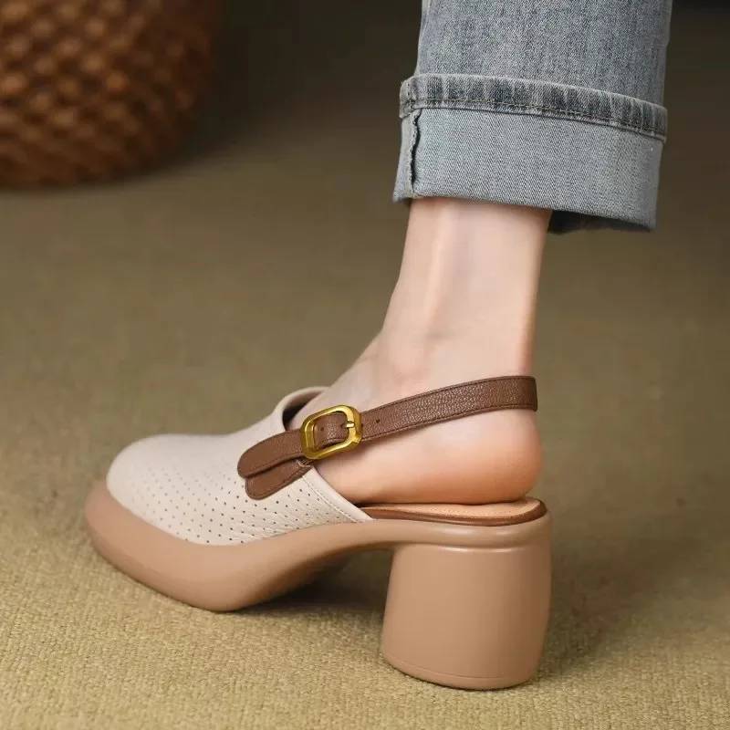 Vintage Hollow Chunky Platform Soft Thick Sole Buckle Strap High Heels Sandals - Image 10