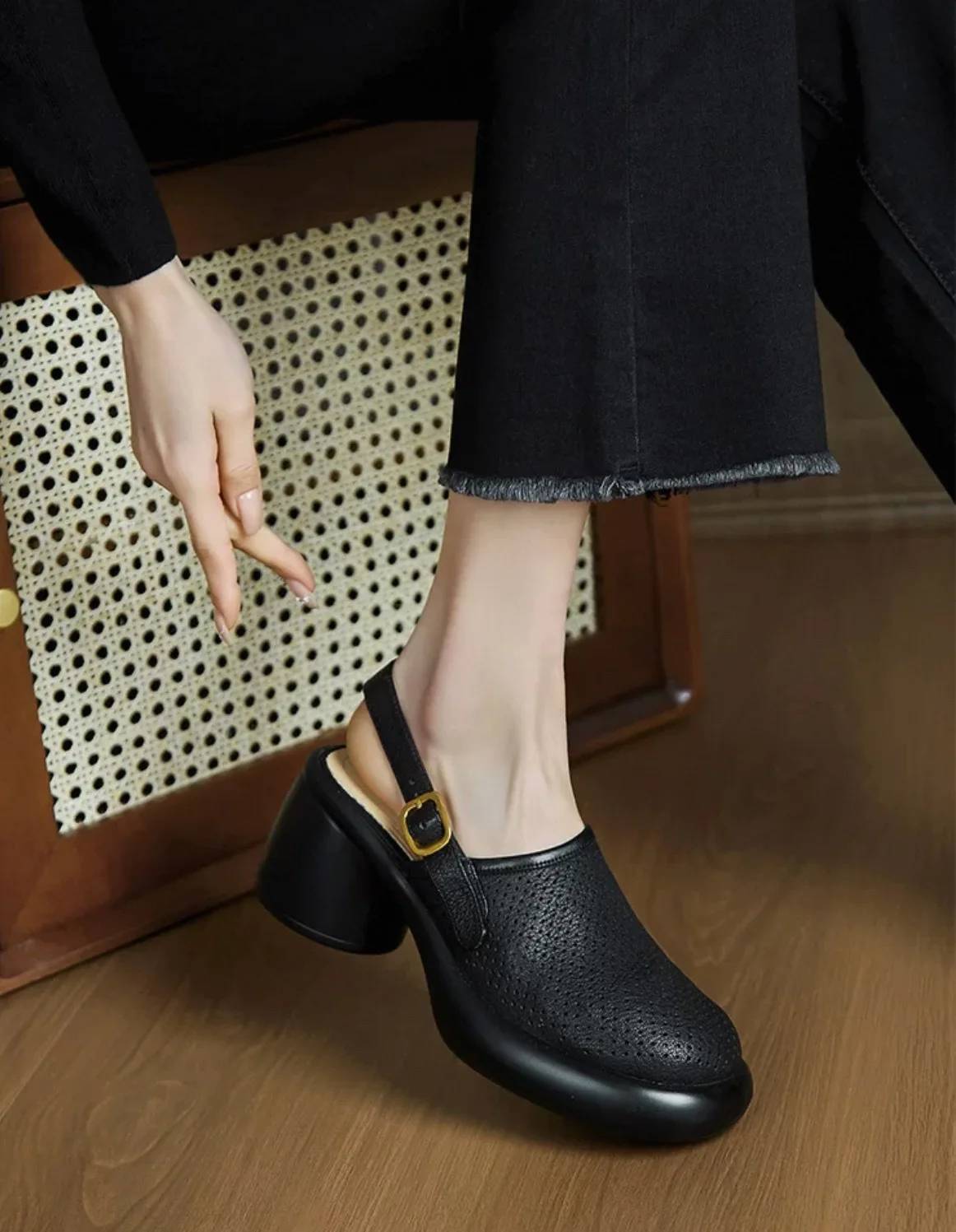 Vintage Hollow Chunky Platform Soft Thick Sole Buckle Strap High Heels Sandals - Image 14