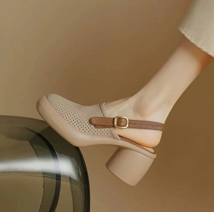 Vintage Hollow Chunky Platform Soft Thick Sole Buckle Strap High Heels Sandals - Image 6