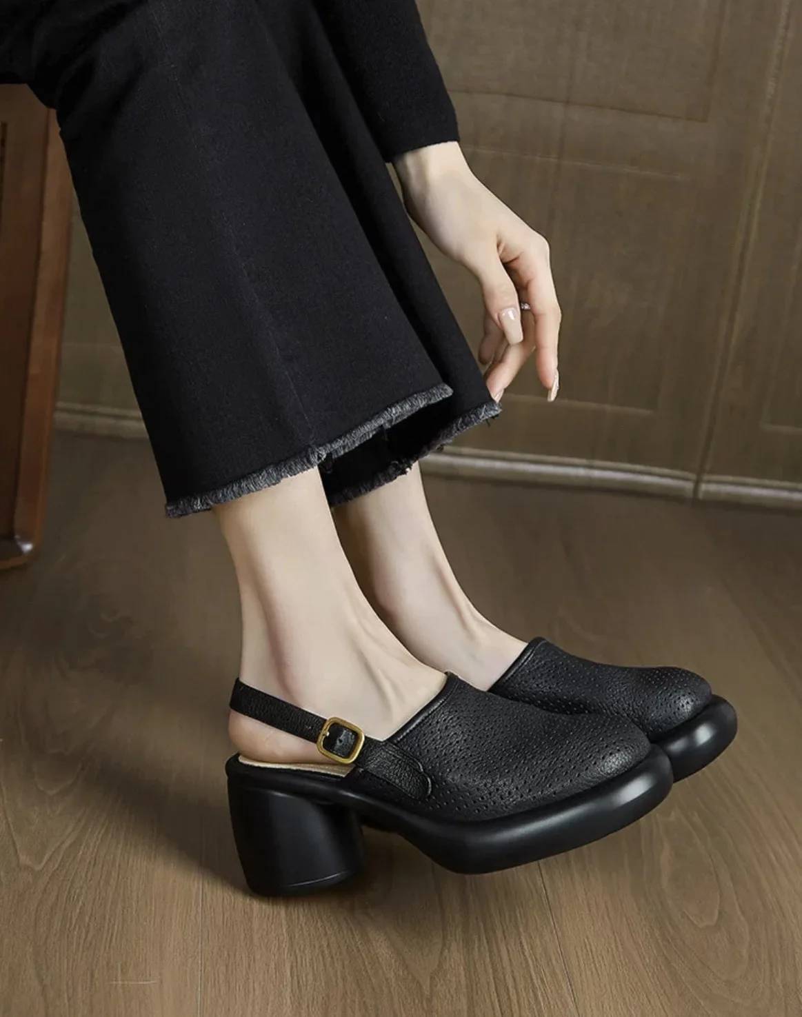 Vintage Hollow Chunky Platform Soft Thick Sole Buckle Strap High Heels Sandals - Image 13