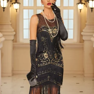 Vintage Inspired Sleeveless Elegant Flapper With Pringe Decor Lady Dress