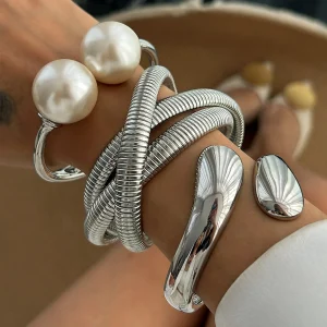 Vintage Layer Geometric Chunky Metal Cuff Open Stacking Streetwear Punk Bangles Bracelet