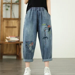 Vintage Plus Size Elastic Waist Embroidered Denim Harem Pants