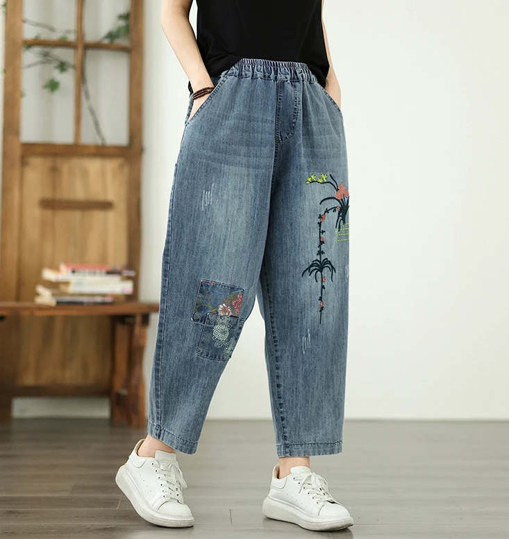 Vintage Plus Size Elastic Waist Embroidered Denim Harem Pants - Image 5