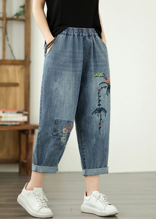 Vintage Plus Size Elastic Waist Embroidered Denim Harem Pants - Image 3