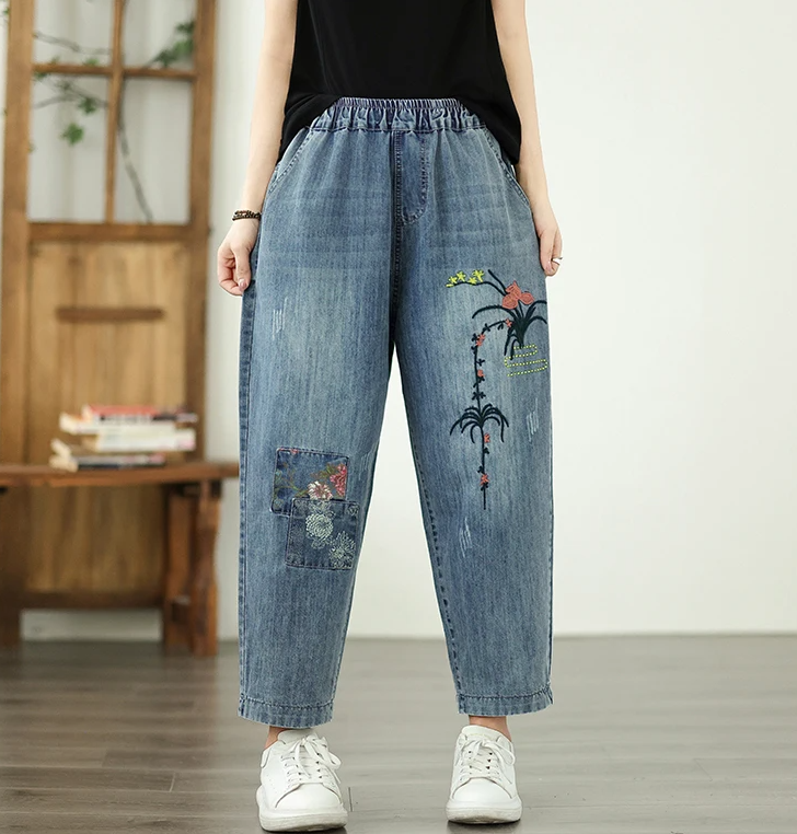 Vintage Plus Size Elastic Waist Embroidered Denim Harem Pants - Image 7