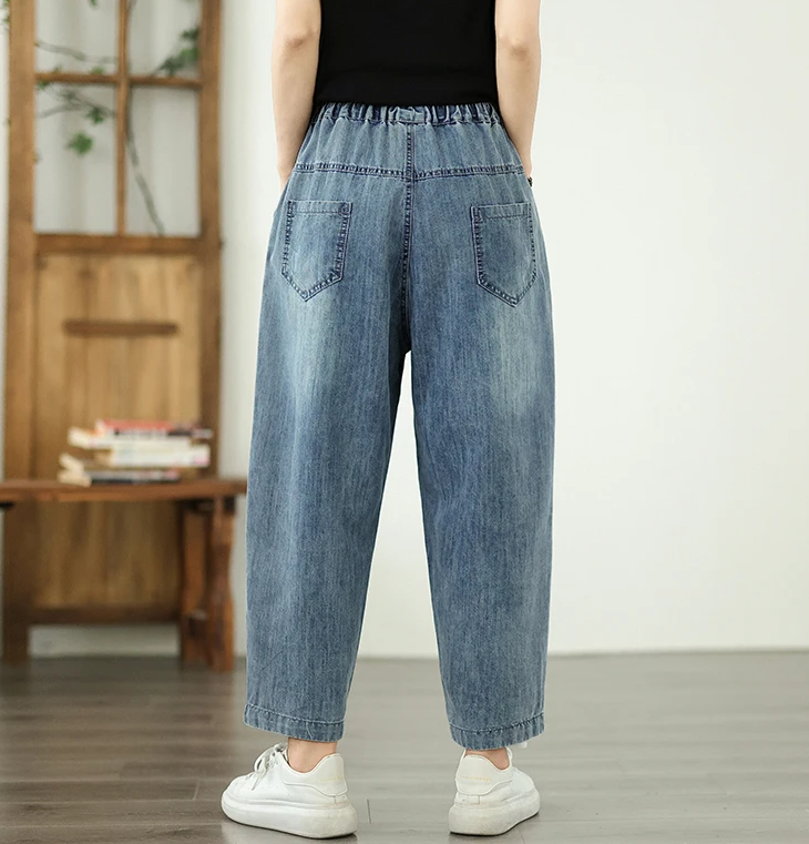 Vintage Plus Size Elastic Waist Embroidered Denim Harem Pants - Image 6