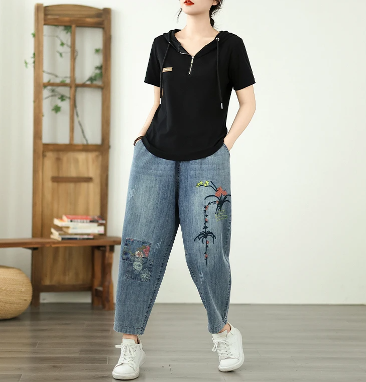 Vintage Plus Size Elastic Waist Embroidered Denim Harem Pants - Image 2