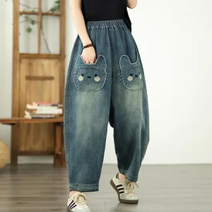 Vintage Plus Size Elastic Waist Personalized Pocket Denim Harem Pants