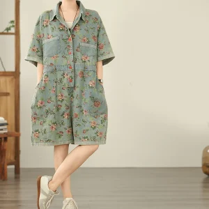 Vintage Print Denim Overalls Loose Plus Size Thin Jumpsuit