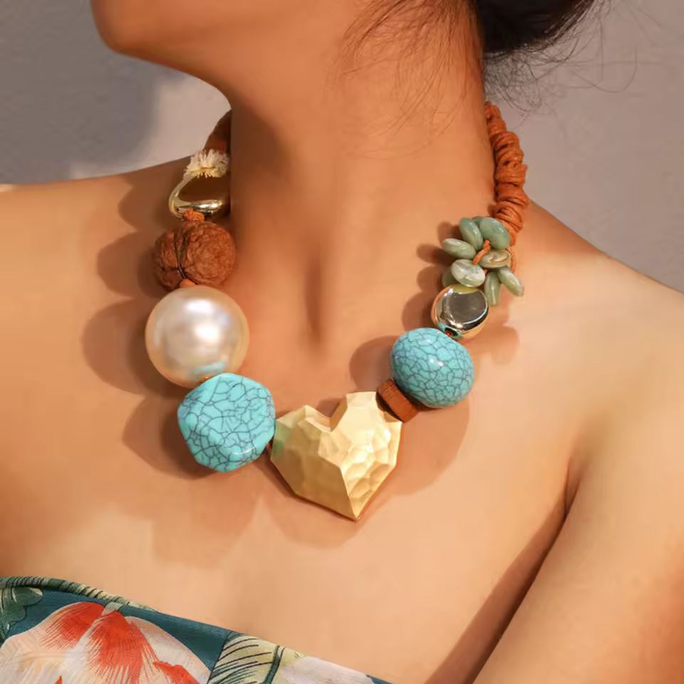 Vintage Resin Bohemian Statement Beads&Heart Trendy Beach Party Necklace
