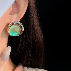 Vintage Rhinestone Round Coloured Glaze Temperament Stud Earrings