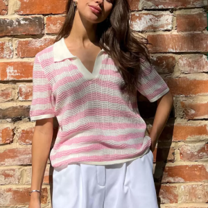 Vintage Short Sleeves Tees Stripes Turndown Collar Acrylic Tee Shirt