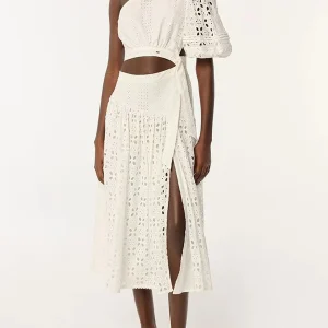 Vintage Solid Hollow Out Slanted Collar Single Shoulder Sleeves High Waist Long Dress