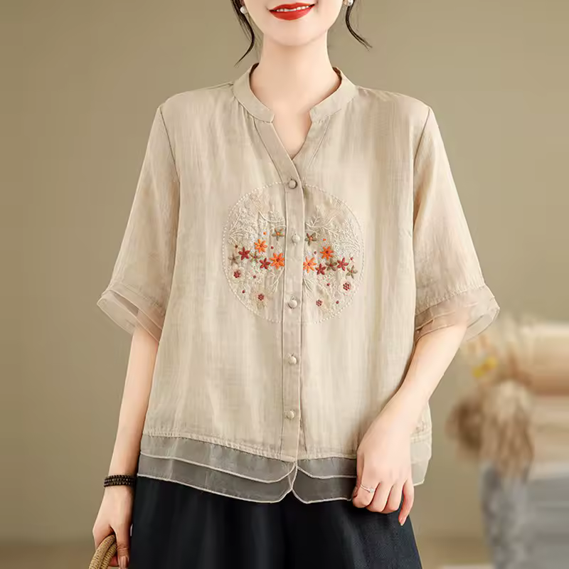Vintage Style V-neck Floral Embroidery Half Sleeve Tops Shirts