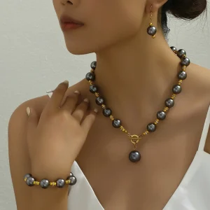 Vintage Sweet Temperament Pretty Design Pearl Necklace Bracelet Hoop Earring Jewelry Set