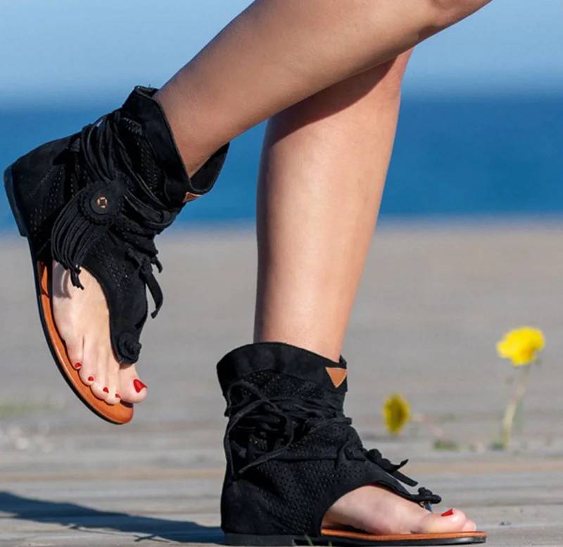 Vintage Tassel Rome Gladiator Clip Toe Retro Ankle Strap Sandals - Image 4