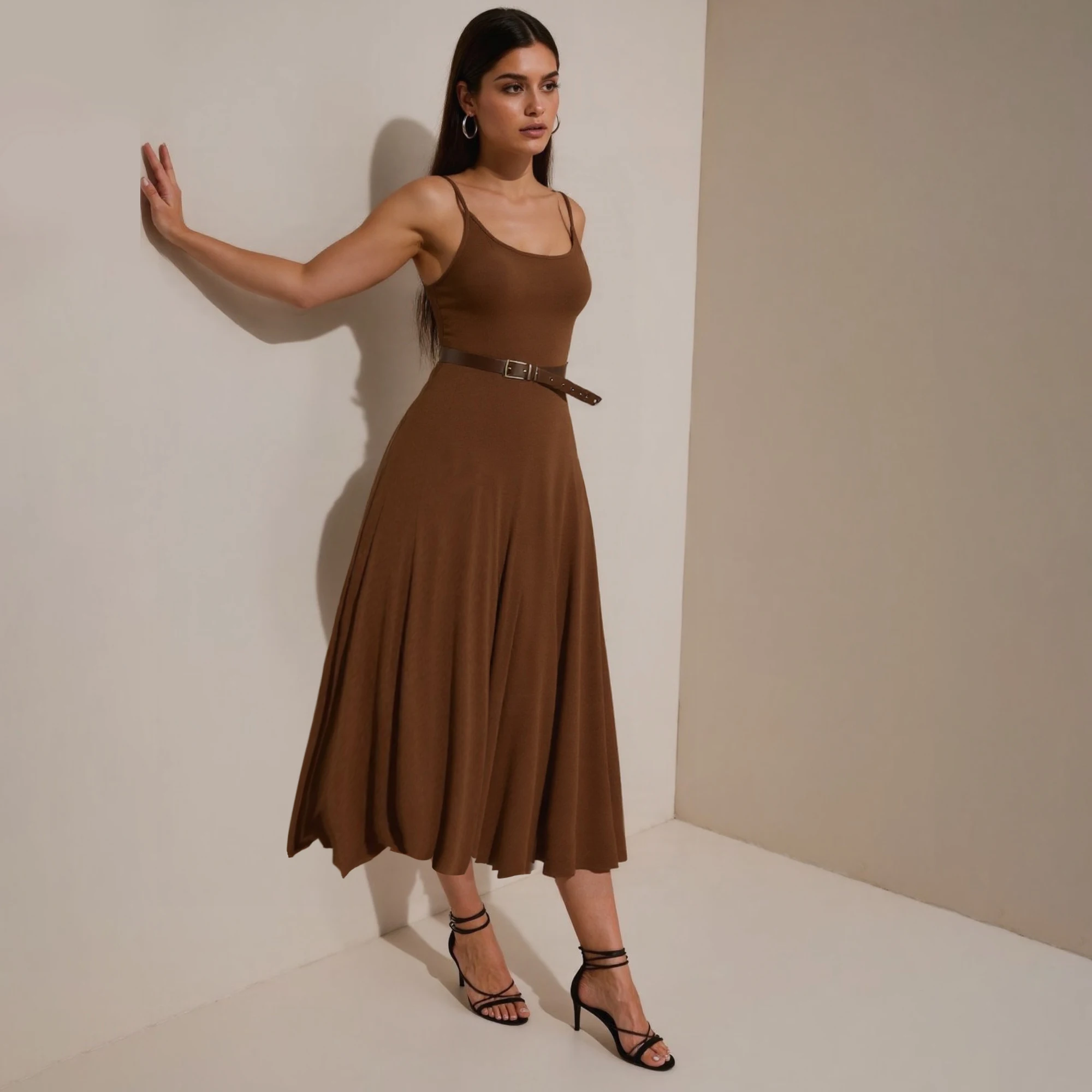 Vintage Sashes Retro Long Skirt With Belt Strap Vest Dress - Image 3