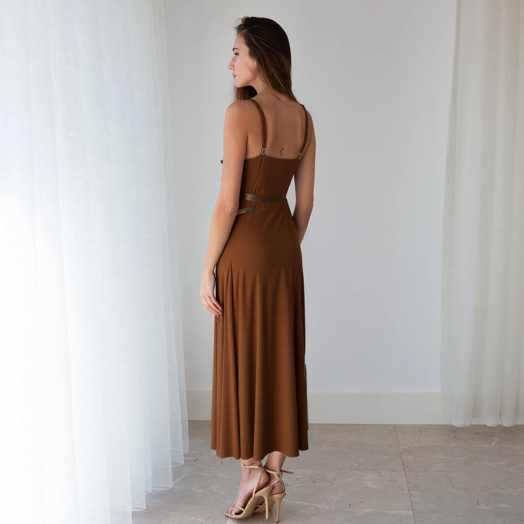 Vintage Sashes Retro Long Skirt With Belt Strap Vest Dress - Image 4