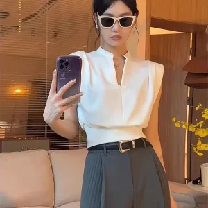 Vintage V-neck Sleeveless Shirts Temperament Solid Color Crop Blouse Tops
