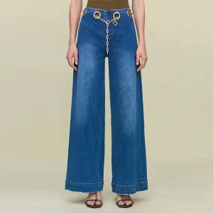 Zipper Pockets Wide Leg Denim Pants Straight Trousers