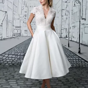 Elegant V-Neck Short Sleeves A-Line Tea-Length Bridal Dresses