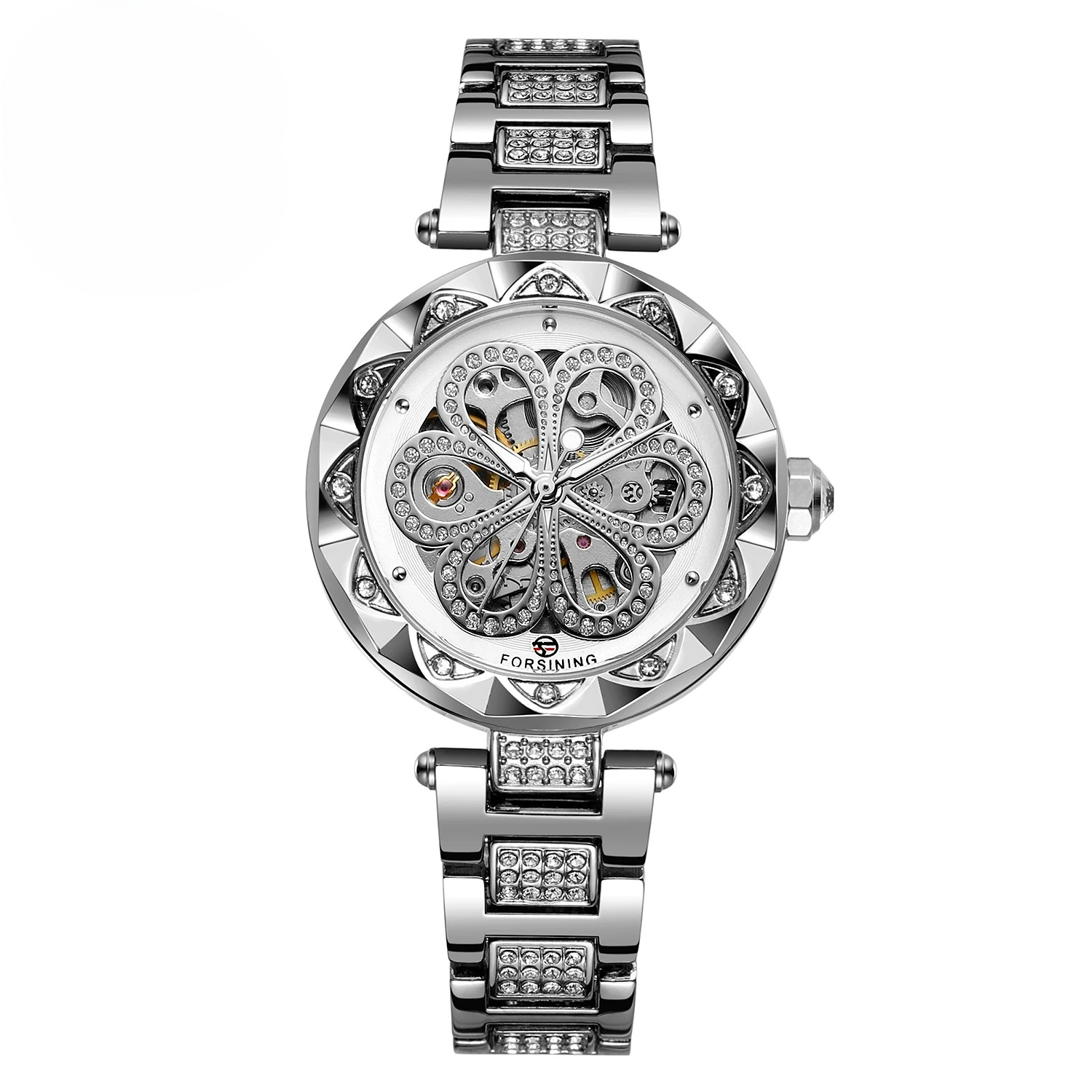 Elegant Diamond Automatic Mechanical Forsining Skeleton Luminous Hands Stainless Steel Strap Watch - Image 2
