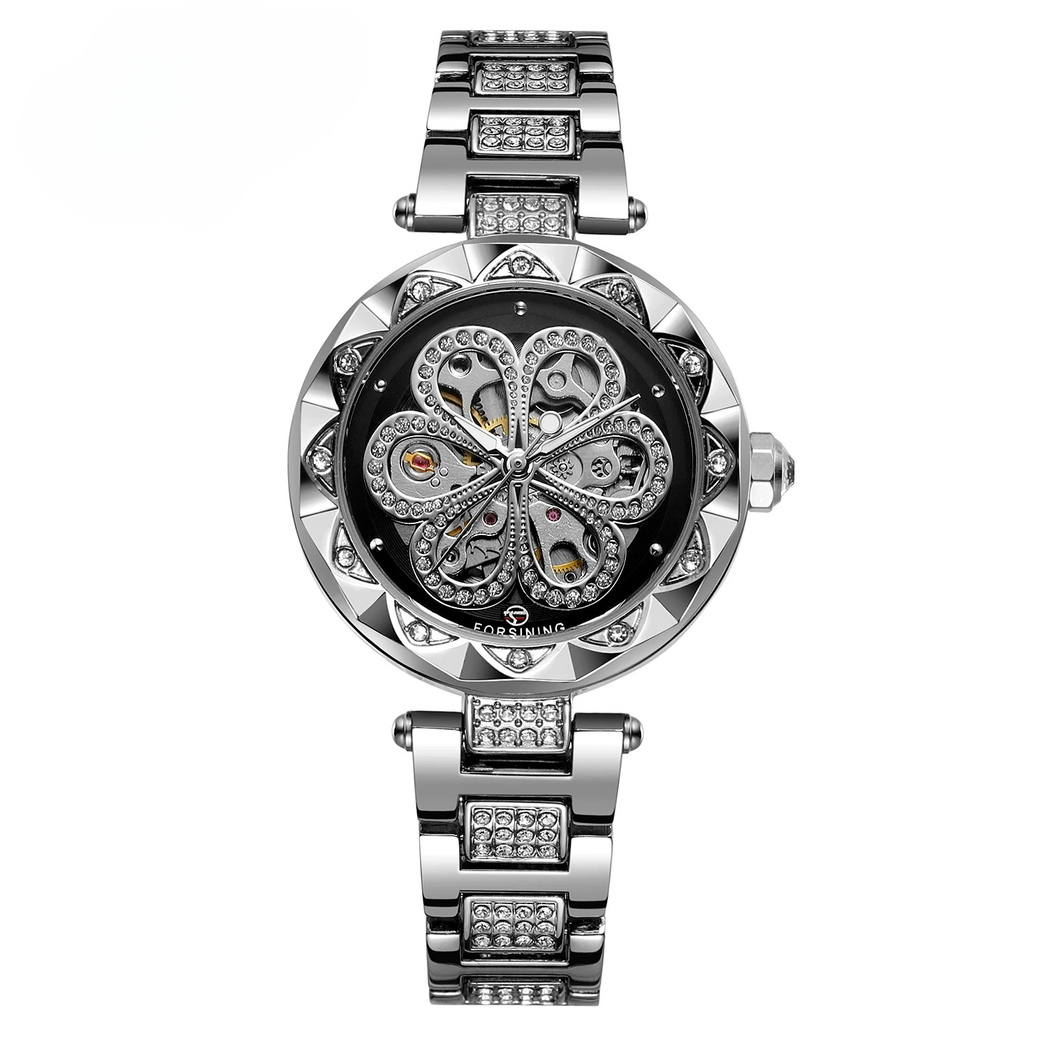 Elegant Diamond Automatic Mechanical Forsining Skeleton Luminous Hands Stainless Steel Strap Watch