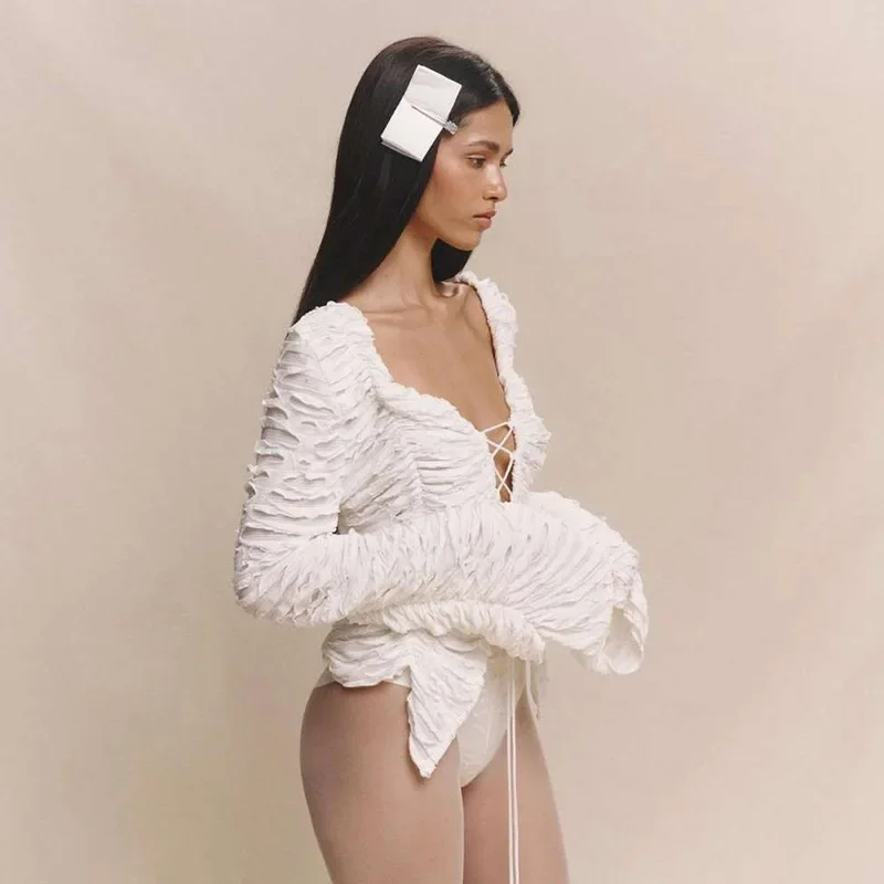 Casual Gathered Long Sleeve V-Neck Lace Up Hollow Solid Crop Top - Image 6