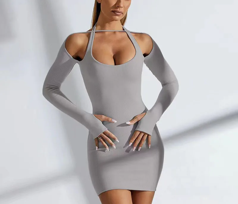 Elegant Solid Color Long Sleeved Hanging Neck Bag Hip Slim Fit Mini Dress - Image 15