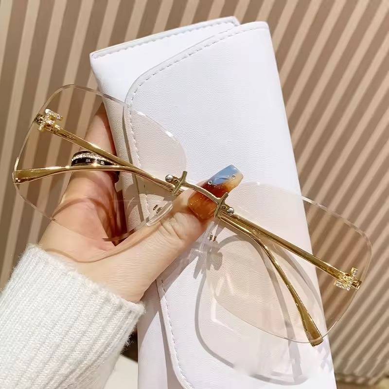Casual Metal Square Large Frame Diamond-in Letter F Frame less Sunglasses