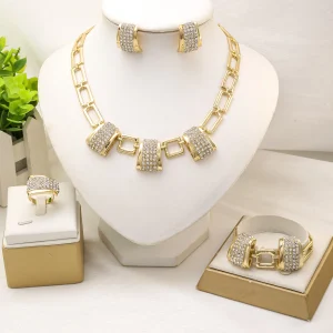 18K Gold Plated Necklace Earrings Bridal Wedding Party Jewelry Set