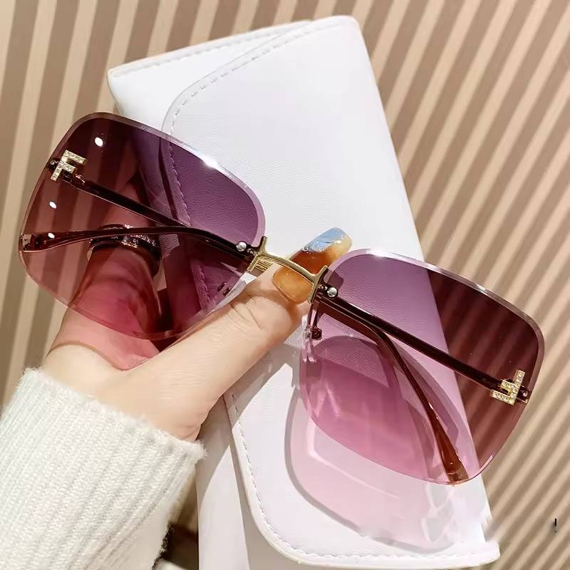 Casual Metal Square Large Frame Diamond-in Letter F Frame less Sunglasses - Image 6