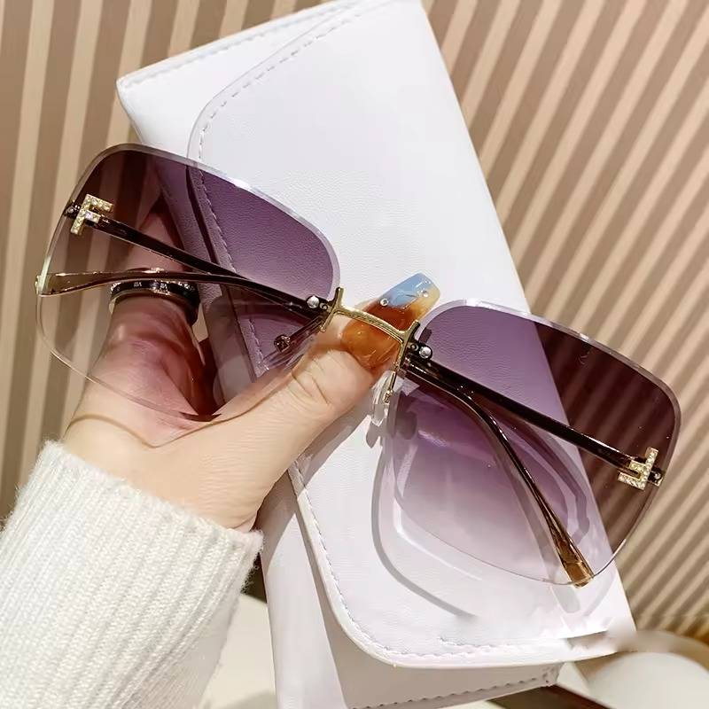 Casual Metal Square Large Frame Diamond-in Letter F Frame less Sunglasses - Image 5