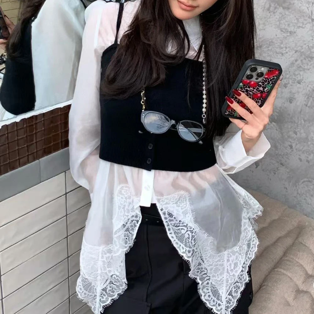 Patchwork Spliced Lace Long Sleeve Irregular Design Sense Shirts - Image 5